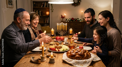 Multi-generational Jewish family celebrating Rosh Hashanah with traditional food and menorah at home.