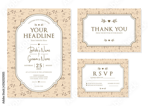 Beige Brown Botanical Wedding Invitation Suite Vector Template
