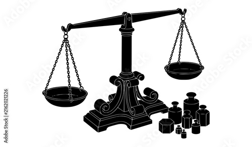 Cuadro en lienzo Old pharmacy weighing scale and antique weights black silhouette vector illustra