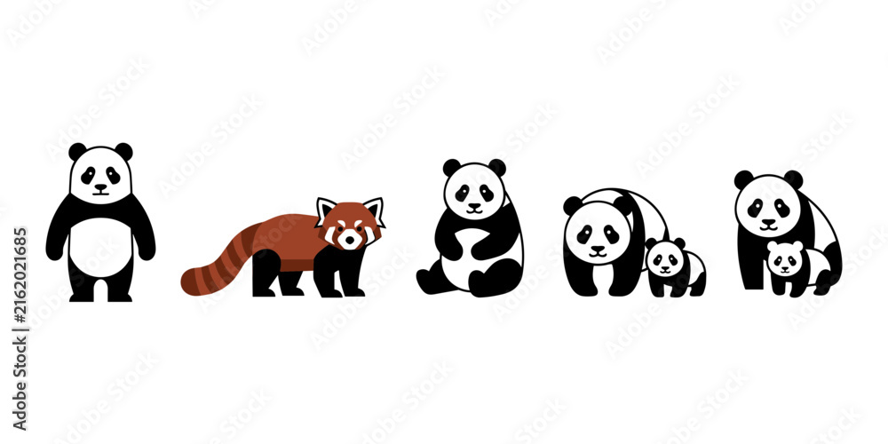 Obraz premium Cartoon panda family and red panda character set with playful animal illustrations