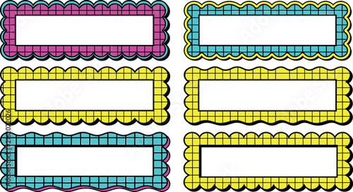 Colorful retro scallop frame labels set with grid patterns blank white space cute neon borders for classroom name tags