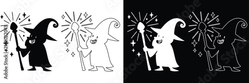 Cute cartoon wizard casting magic with glowing staff vector icon set featuring solid silhouettes, linear outlines, and inverted black and white variations.