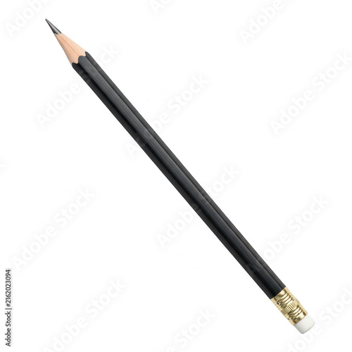 Sharpened black wooden pencil with an eraser isolated on transparent background
