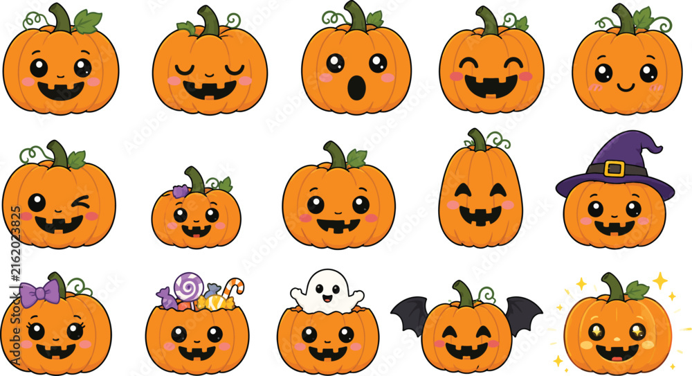 Obraz premium Cute Halloween Pumpkin Faces Vector Illustration Set - Kawaii Jack-o'-Lantern Emoticons with Different Expressions, Witch Hat, Ghost, Bat Wings, and Candy for Festive Holiday Decor.