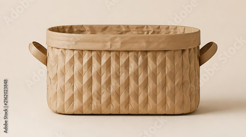 Stylish beige storage basket featuring a geometric diamond texture and sturdy handles isolated on a neutral background for modern home organization and interior decor