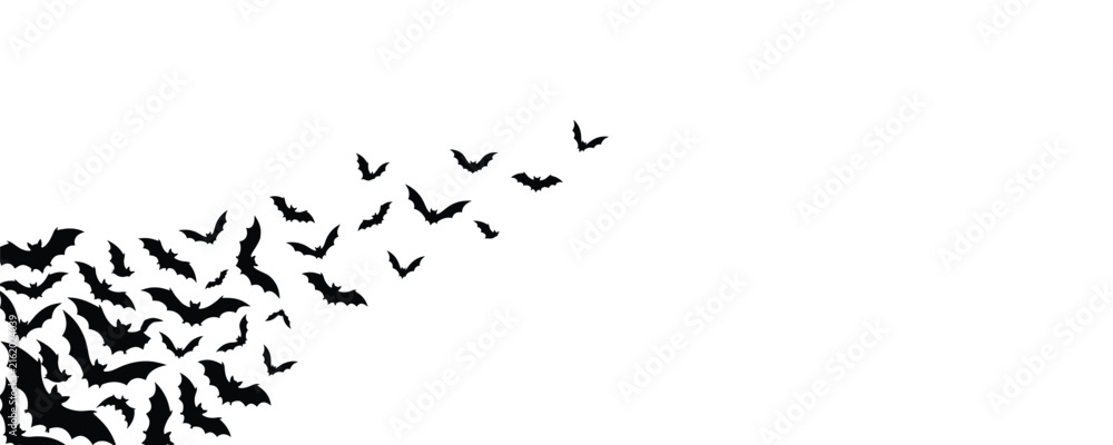Fototapeta premium A flock of black bats flying in a swarm on a horizontal graphic design