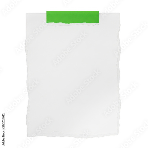 Torn white paper note with a green tape strip isolated on transparent background