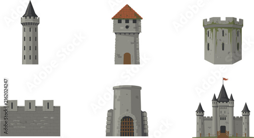 Canvas Print Medieval stone castle and defense tower vector icon set with fortress walls, wat