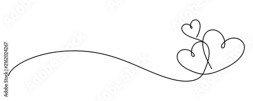Three hand drawn hearts connected by a continuous single black line swirl
