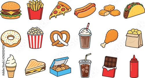 Fast Food and Junk Food Cartoon Vector Icon Set Featuring Hamburger, French Fries, Pizza, Hot Dog, Taco, Donuts, Milkshake, and Snacks for Cafe Menu Designs