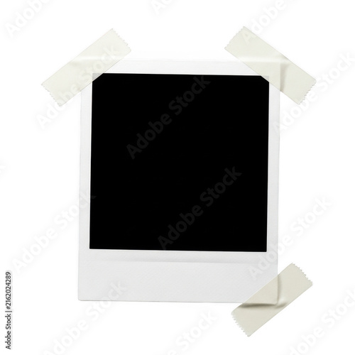 Empty polaroid photo frame attached with adhesive tape isolated on transparent background