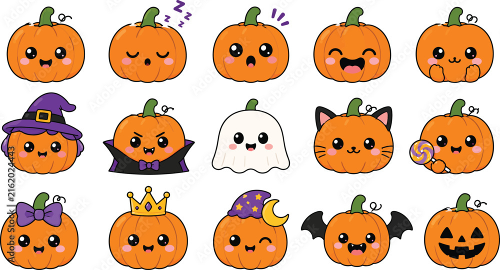 Fototapeta premium Kawaii Halloween Pumpkin Emojis Set, Cute Jack O Lantern Character Collection with Vampire, Ghost, Witch, and Cat Costumes, Spooky Fall Season Vector Illustration for Stickers and Decor