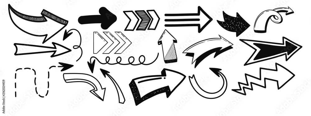 Fototapeta premium Hand drawn Charcoal arrows icons. Arrows mark icon isolated on transparent background. Scribble symbols of direction pointers, swirl arrow elements.