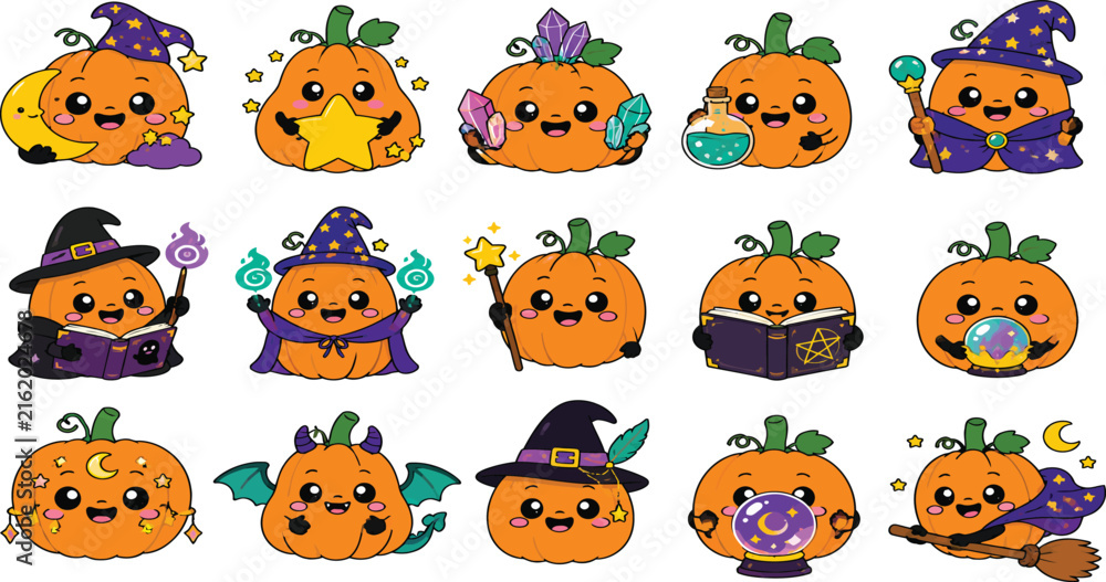 Fototapeta premium Set of Cute Kawaii Halloween Pumpkin Vector Clipart Featuring Magical Wizard Hats, Spellbooks, Crystals, and Potions for Festive Autumn Decorations, Stickers, and Kids DIY Projects.