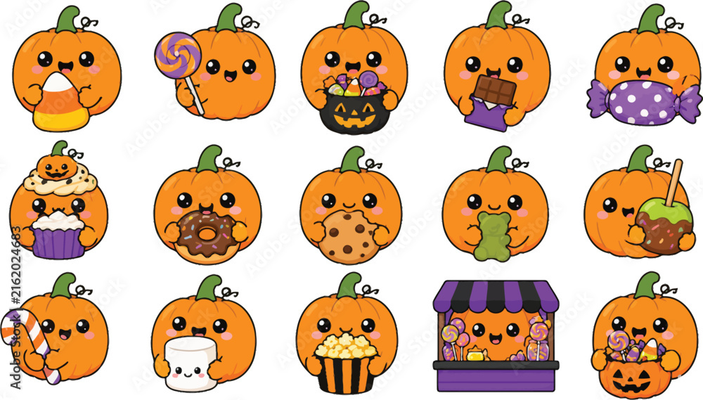 Fototapeta premium Cute Halloween Pumpkin Characters Set with Sweets and Treats, Kawaii Autumn Jack-o'-Lantern Vector Illustration Bundle for Kids, Fall Holiday Candy, Cookies, and Chocolate Stickers Pack