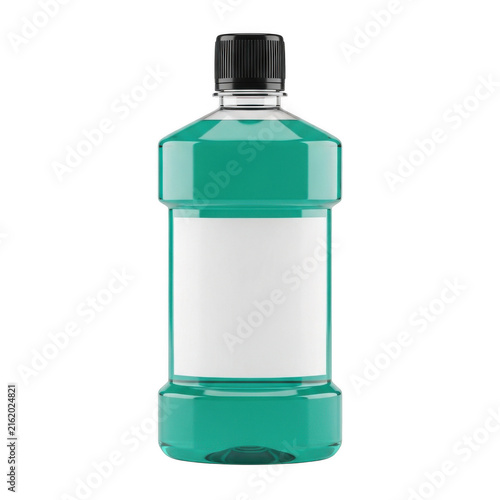 Green mouthwash bottle with blank label for branding isolated on transparent background