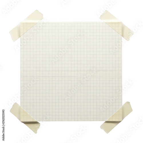 Square grid paper note attached with adhesive tape pieces isolated on transparent background