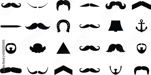 Vintage Mustache and Facial Hair Silhouette Icon Set Featuring Retro Barber Shop Styles Handlebar Fu Manchu and Beard Chart Symbols for Movember Men Healthcare Campaigns