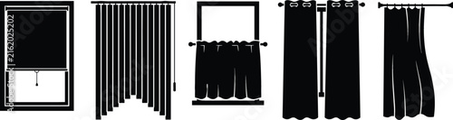 Window Blinds and Curtain Silhouette Icon Set Featuring Roller Shades Vertical Blinds Cafe Curtains Grommet Drapes and Shower Curtain Symbols for Interior Design