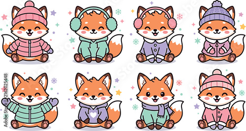 Cute winter fox character collection wearing pastel jackets beanies earmuffs and scarves for holiday greeting cards sticker designs
