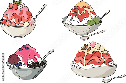 Принти на полотні Delicious Asian shaved ice dessert collection featuring sweet bingsu bowls toppe