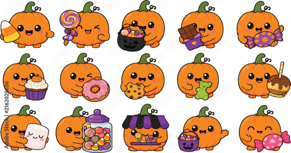 Fototapeta premium Adorable Kawaii Halloween Pumpkin Character Set with Sweet Treats and Candy: Cute Vector Illustration of Pumpkins Holding Candy Corn, Chocolate, Cupcakes, Donuts and Fall Party Favors.