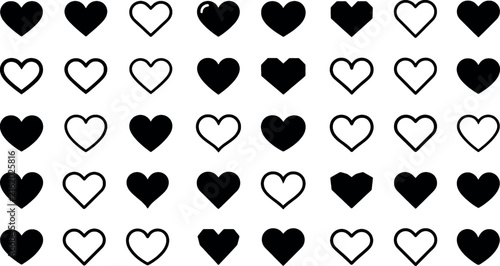 Heart shapes in black and white vector silhouette pattern for digital design and romantic concepts