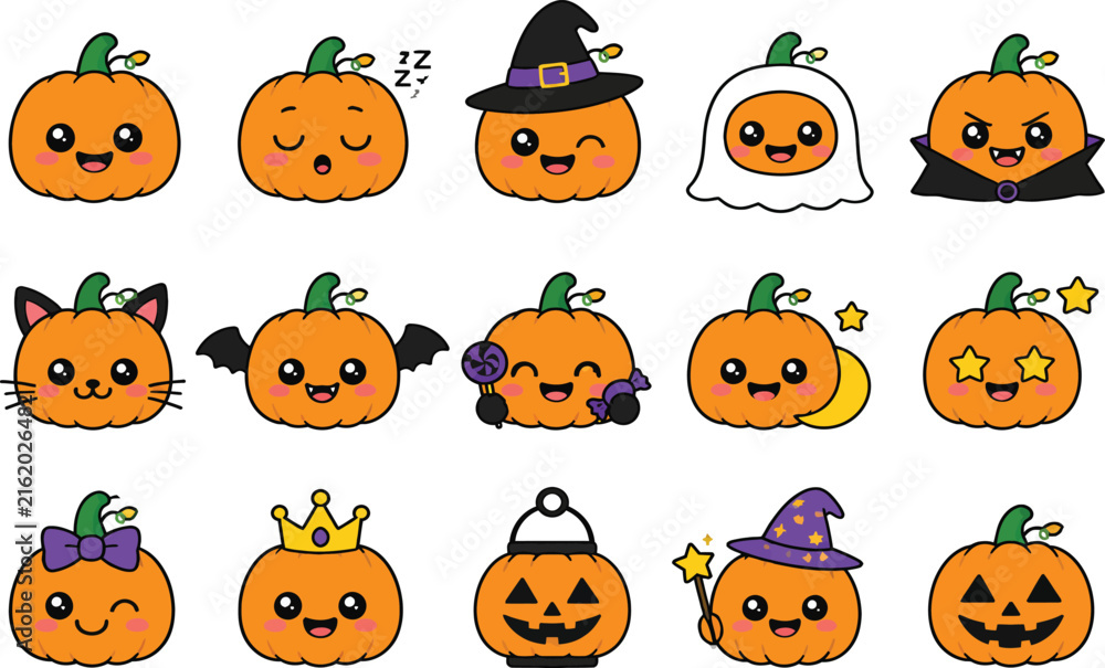 Fototapeta premium Cute Halloween Pumpkin Characters Collection, Kawaii Jack-o-Lantern Vector Illustration Set with Various Costumes and Expressions for Festive Stickers, Decor, and Autumn Season Design.