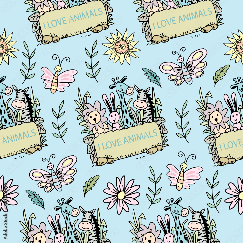 Naklejka premium Hand-drawn multicolor animal pattern background