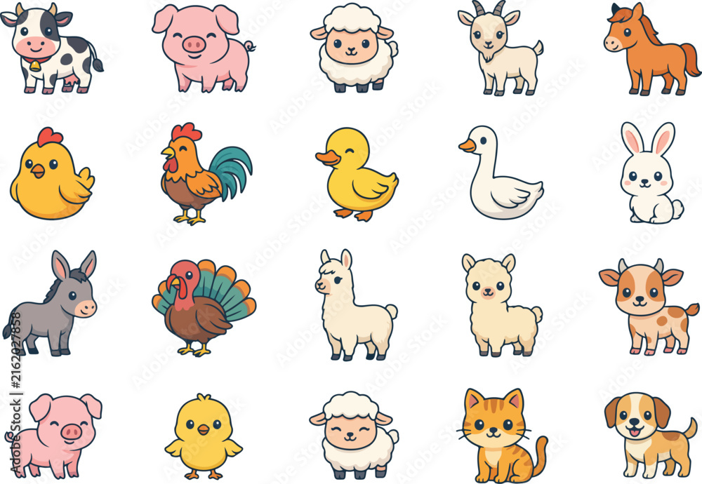 Naklejka premium Farm Animals Sticker Bundle - Cute Cow Pig Sheep Chicken and Barnyard Vector Set