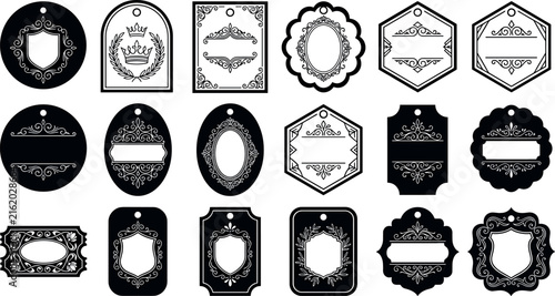 Elegant vintage gift tags vector set featuring black silhouette ornamental filigree frames luxury crown and royal shield borders
