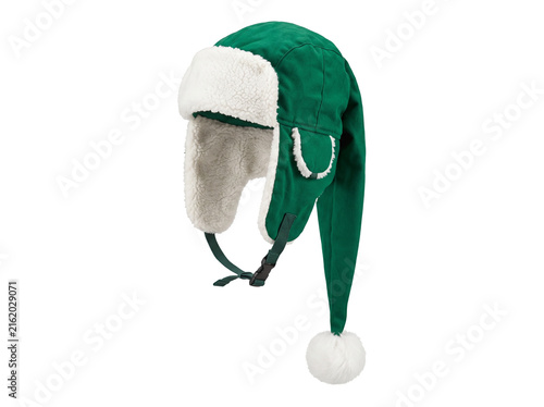 whimsical green polyester elf-style trapper hat features soft white faux-fur lining, ear flaps, an adjustable chin strap, and an elongated tail finished with fluffy pom-pom transparent background cut