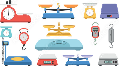 Photography Vintage and modern weighing scales vector icon set featuring kitchen scales bala