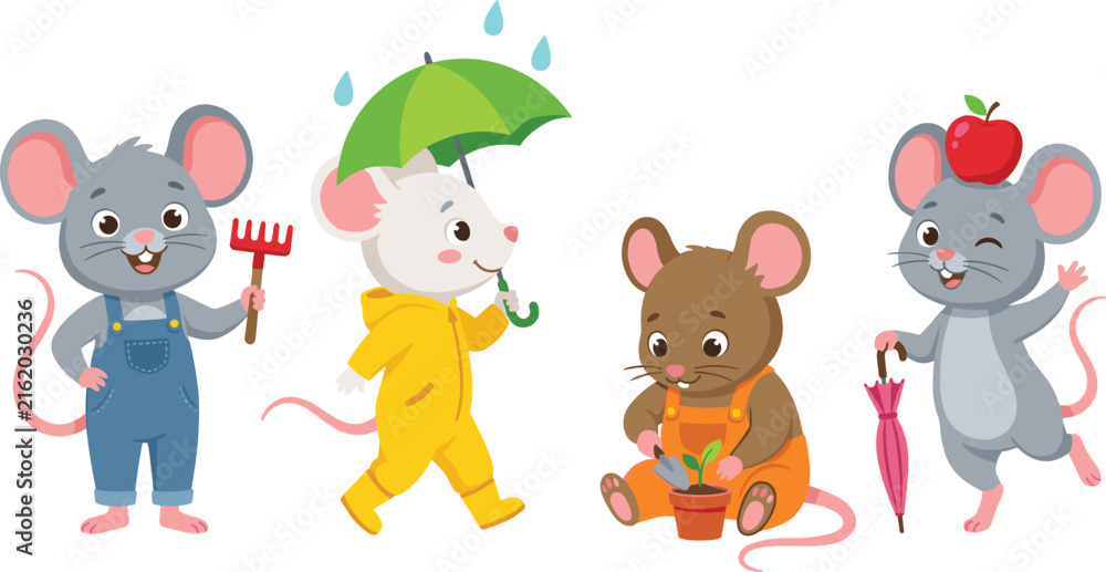 Fototapeta premium Cute Cartoon Mouse Vector Character Set with Playful Mice Gardening Planting and Walking in Rain with Umbrella for Kids Book Illustrations