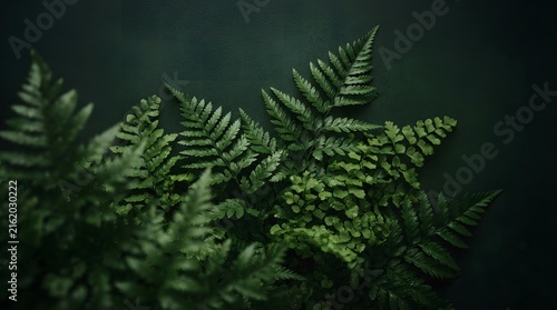 Arrangement of various green fern fronds on a dark moody background