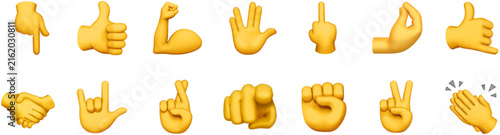 Yellow hand gesture emoji set with thumbs up, handshake, peace, rock, fist, pointing, pinched fingers and wave. Isolated icons for messaging and social media. Expressive digital symbols.
