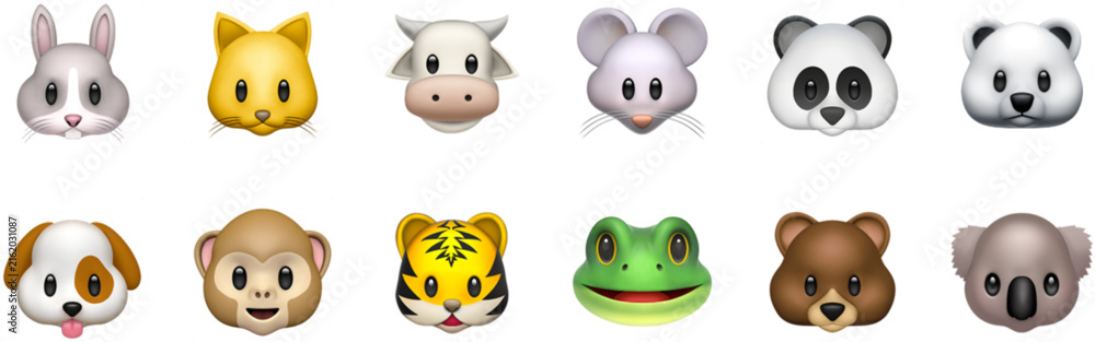 Naklejka premium Cute animal face emoji icon set with monkey, fox, cow, koala, panda, tiger, frog, and bear. Colorful flat cartoon clipart collection for kids. Perfect for stickers, prints, and children's designs.