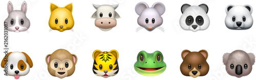 Cute animal face emoji icon set with monkey, fox, cow, koala, panda, tiger, frog, and bear. Colorful flat cartoon clipart collection for kids. Perfect for stickers, prints, and children's designs.