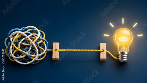 Tangled rope clamped by wooden block transforming to straight line and lightbulb. Concept of conflict resolution, management, and leadership.