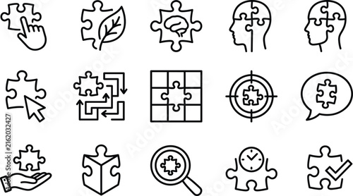 Problem solving and business strategy line icon set featuring puzzle piece solutions brainstorming cooperation and logic concepts