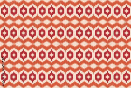 Seamless Ethnic Ikat Geometric Pattern Design with Traditional Tribal Motifs in Terracotta Red and Cream