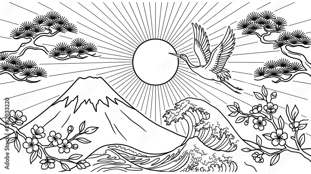 Naklejka premium Japanese landscape with fuji mountain crane bird and ocean wave for traditional art print.