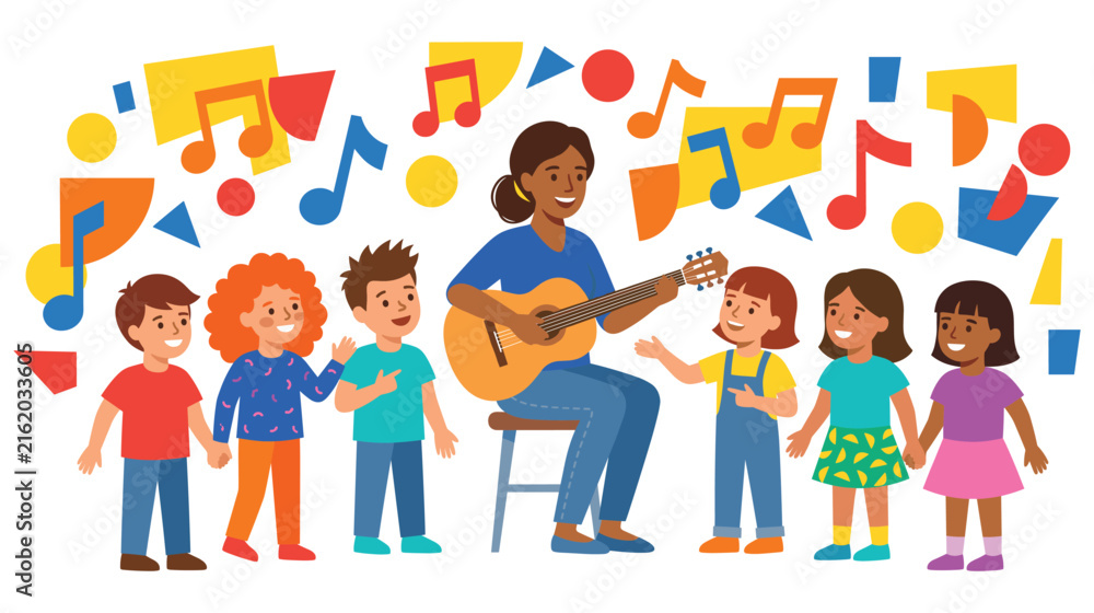 Fototapeta premium Music teacher playing guitar for happy students with colorful musical notes flat vector.