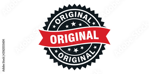 Original stamp design with red ribbon and serrated border, original