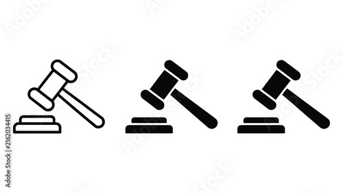 Foto Gavel and block icons in outline and solid black silhouette styles for legal and auction design