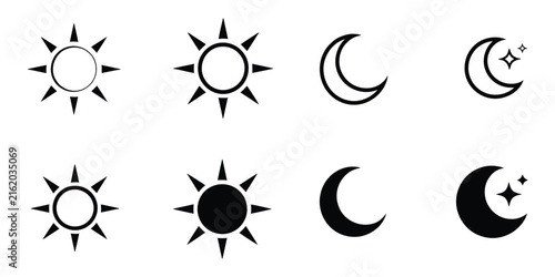 Sun and moon icons set, dark and light mode symbols, daytime sunset sun moon icons, weather and interface elements, vector illustration