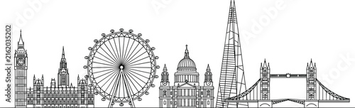 London England Skyline Continuous Line Art Vector with Iconic Architectural Landmarks Illustration