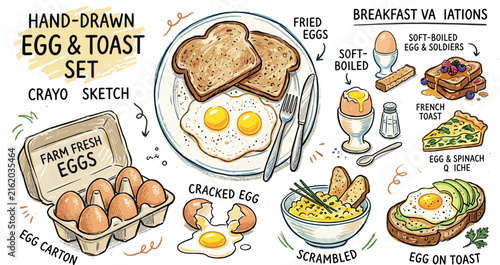 Hand drawn breakfast egg and toast vector illustration set featuring watercolor crayon sketch graphics of fried eggs scrambles french toast and egg carton food layouts