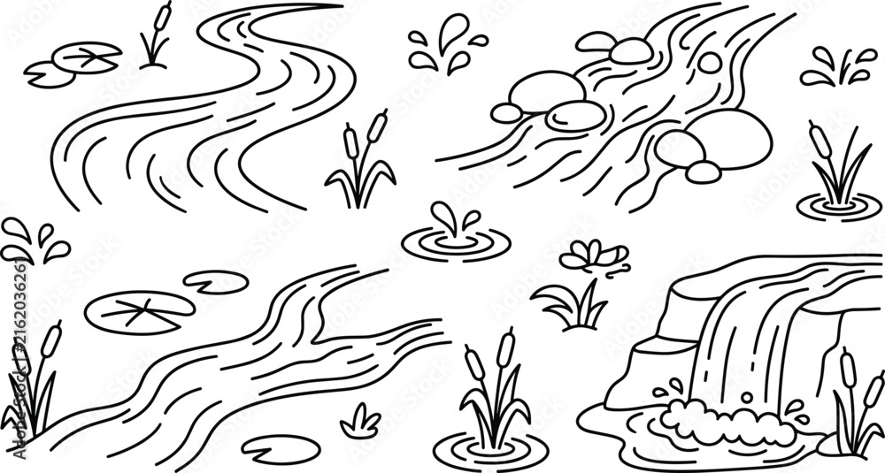 Obraz premium River Stream Illustration with Plants, Bubbles, and Small Waterfall for Environmental Concept and Design