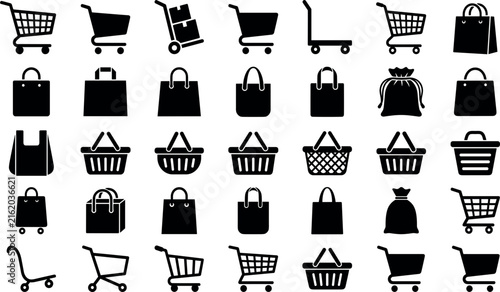 Shopping Cart and Retail Bag Silhouette Icon Collection for E Commerce and Online Store Design